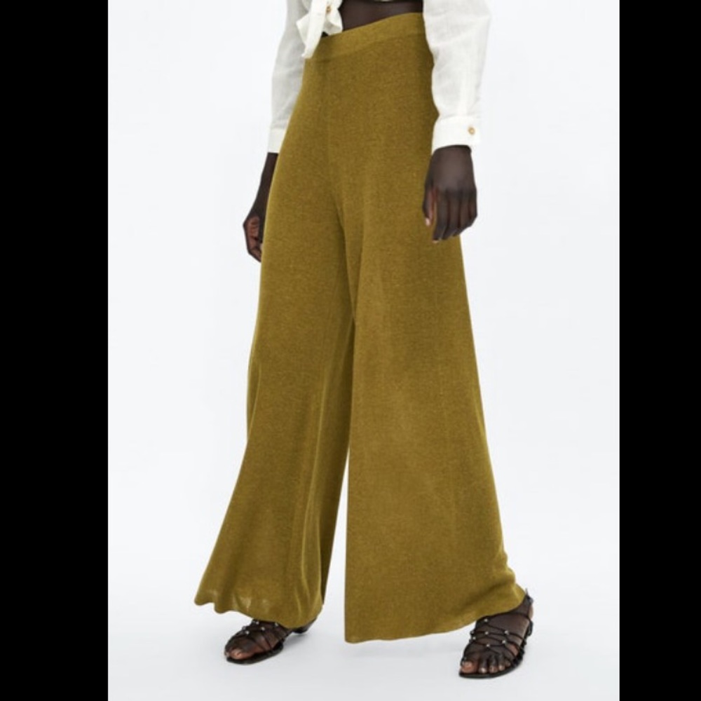 Zara khaki green linen knit flared palazzo pants